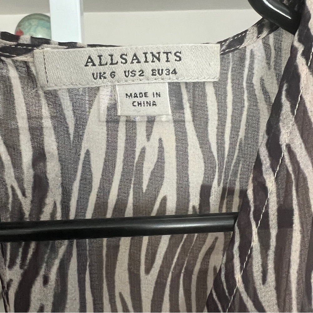 AllSaints Marley Animal Print Boho Dress Sheer Mini Ruffled Hipster SZ 2 - Picture 12 of 12